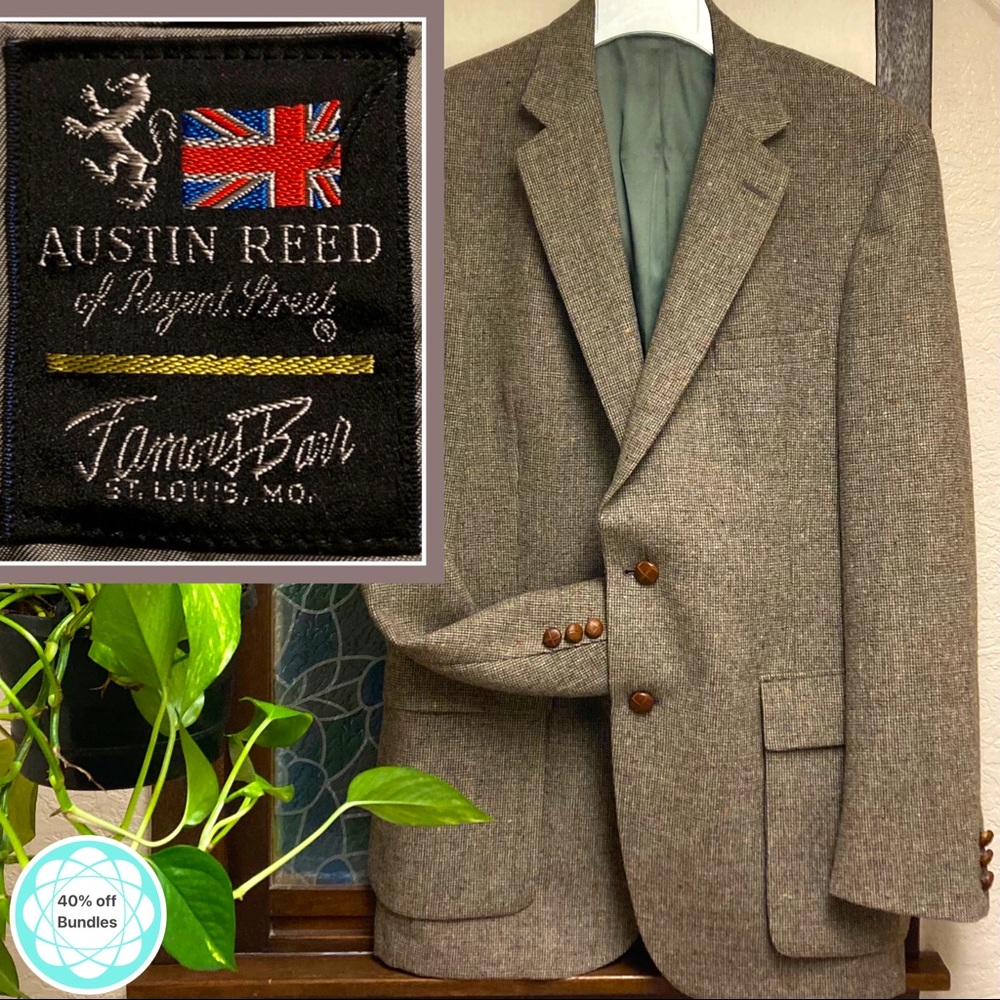 Vintage Austin Reed blazer, circa 1968-1976. Primarily brown & tan-wool(?) blend